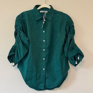 La Porte Emerald Green Blouse with Ruched Sleeves